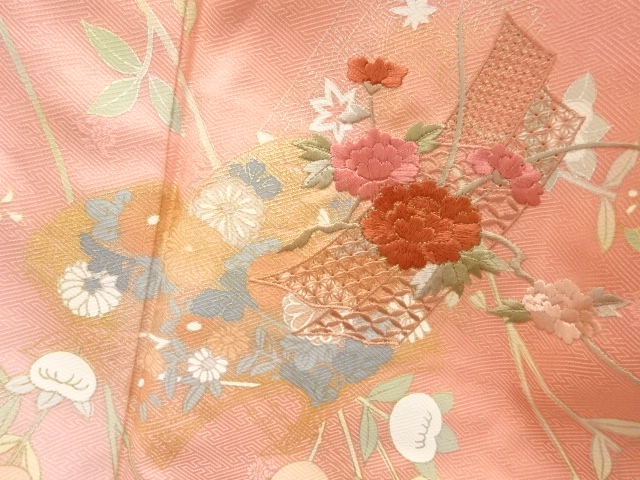  橘に短冊・牡丹模様刺繍訪問着